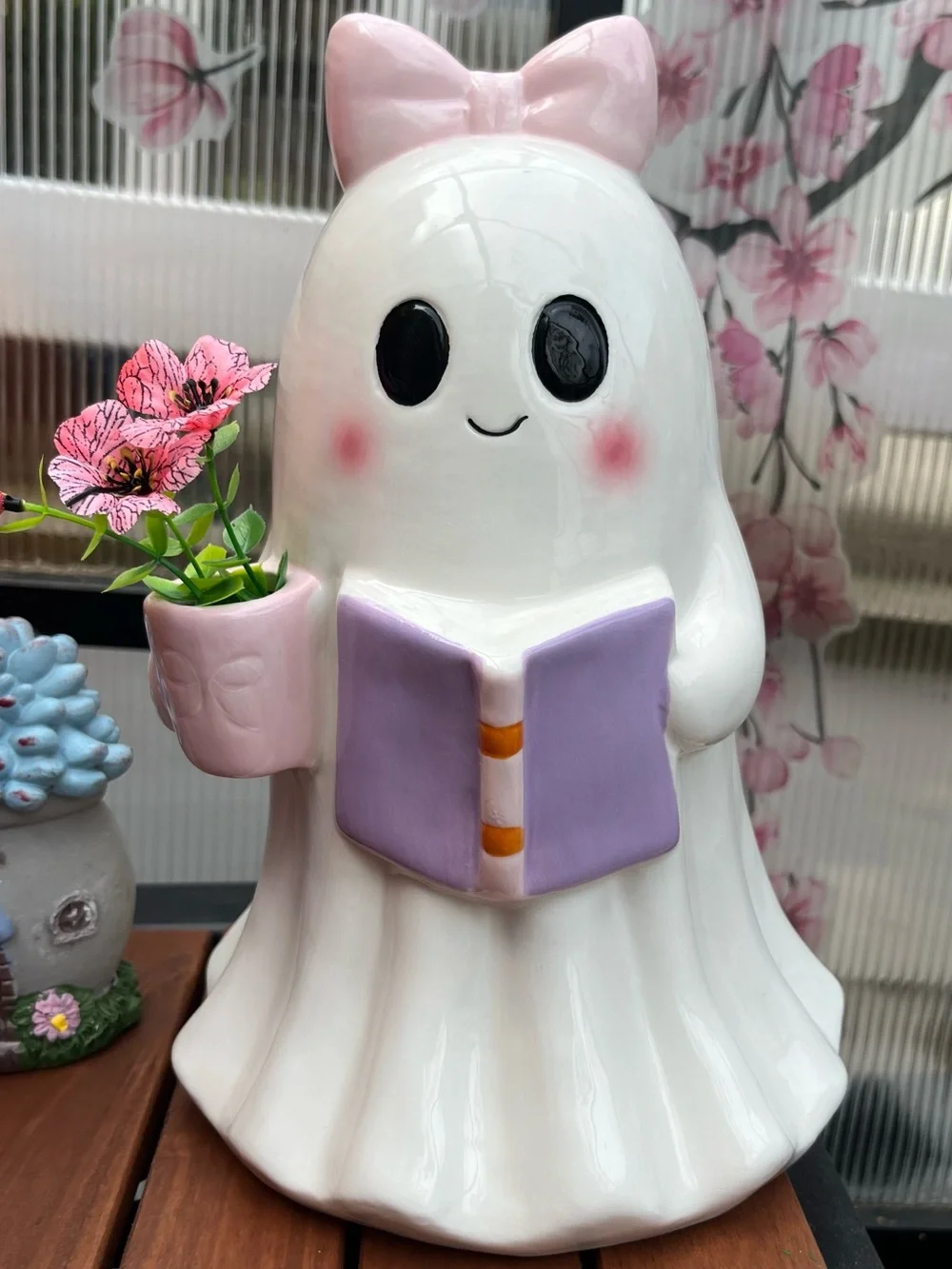 White Ceramic Ghost Vase with Pink & Lavender Accents